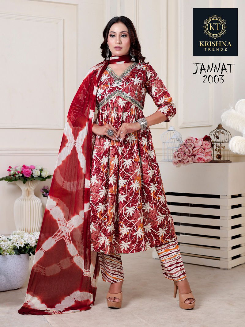 Jannat Vol 1 By Krishna Alia Cut Rayon Printed  Kurti With Bottom Dupatta Wholesale Online
